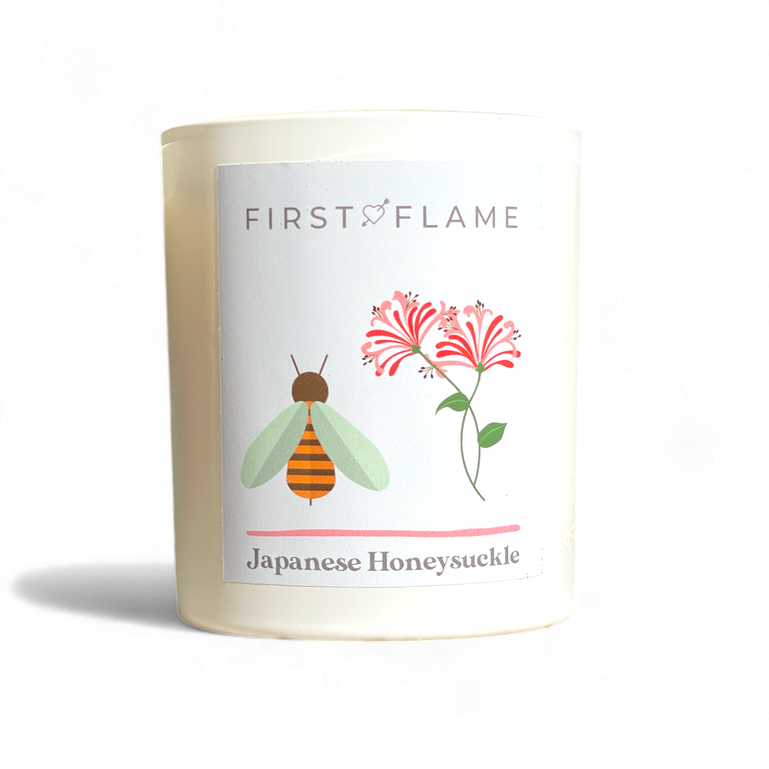 Matte white soy candle labelled Japanese Honeysuckle with bee and flower design