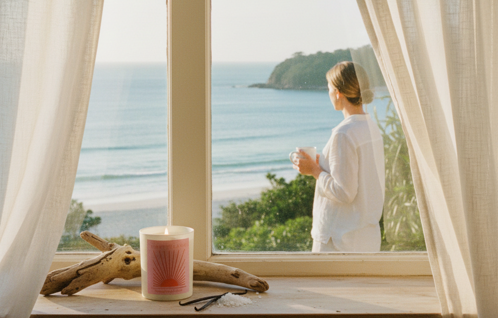 Person standing by a large window with a view of the ocean, holding a cup.